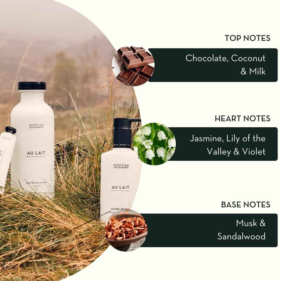 Scottish Fine Soaps Au Lait Hand Wash, White, Vegan Friendly, Creamy Fresh Scent with Chocolate, Coconut, Milk, Sandalwood, Violet Notes, 300ml