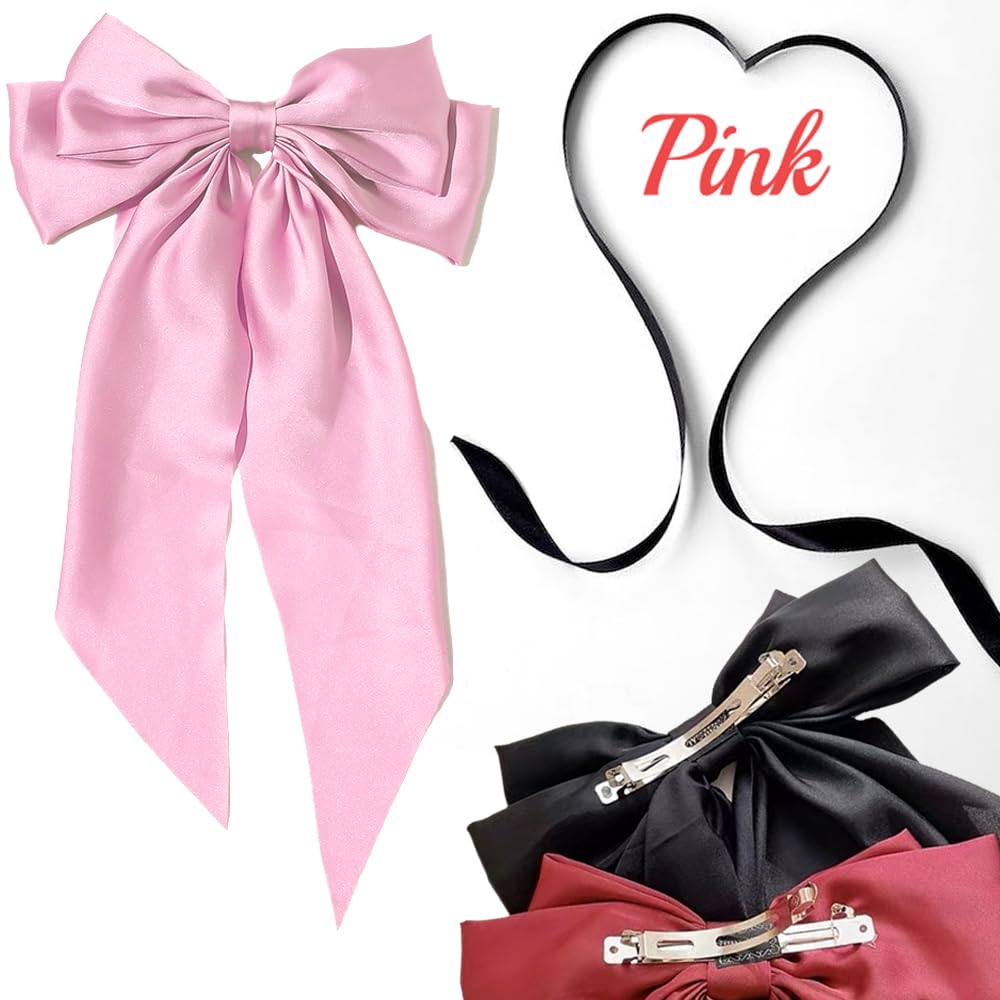 Hair Ribbon Hair Bows for Women: 3 Pcs Large Bow Hair Clips with Bowknot Long Tail Tassel Big Bows Ribbons Hair Barrettes for Girls (Black Bow, Pink Bow, Beige Bow)