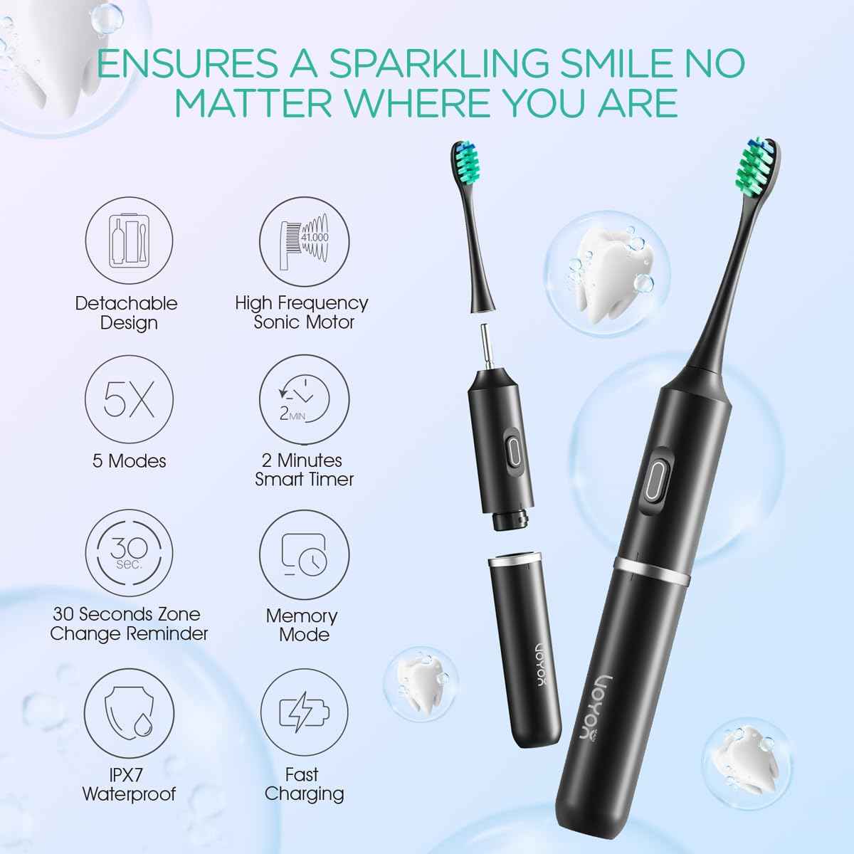 VOYOR-Health Travel Electric Toothbrush, Rechargeable Toothbrushes for Adults, Portable Sonic Toothbrush with 5 Modes, Three-Section Detachable Design with Travel Case ET410 (Black)