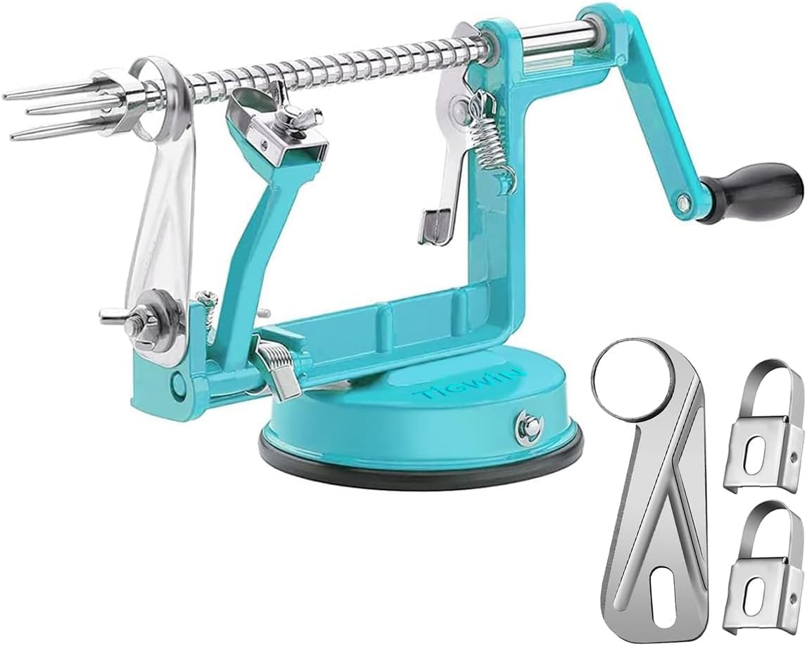 Apple Peeler Corer, Long lasting Chrome Cast Magnesium Alloy Apple Peeler Slicer Corer with Stainless Steel Blades and Powerful Suction Base for Apples and Potato(Blue)