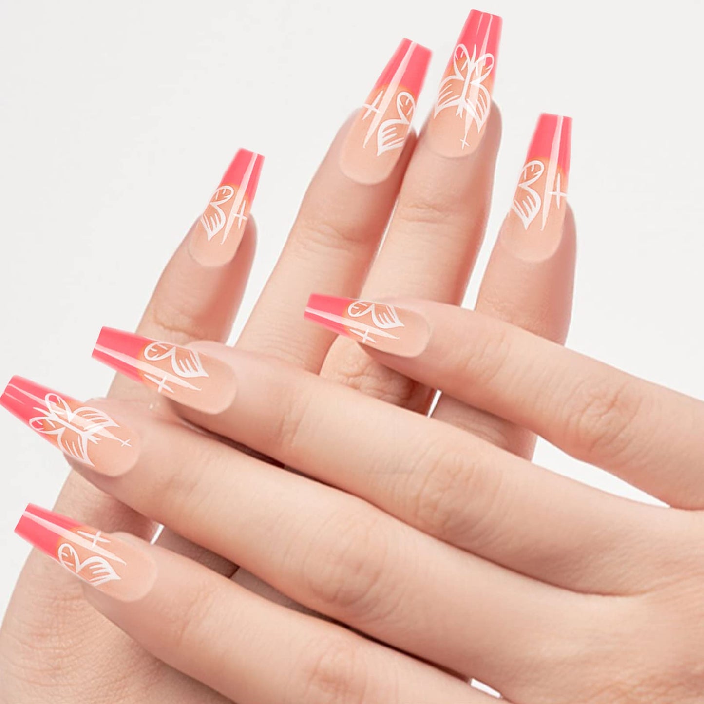 Pink French Tip Press on Nails Long Coffin Fake Nails Artificial False Nails with White Butterfly Design Nude Full Cover Stick on Nails Glossy Glue on Nails for Women Acrylic Nails 24 Pcs