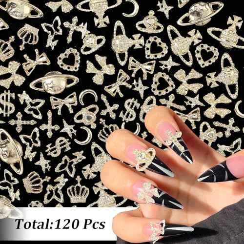 120 Pcs 12Styles 3D Gold Alloy Nail Charms Kit, Dollar Crown Butterfly Metal Nail Charms, Shiny Bows Planet Cross Heart Nail Charms Moon Star Charms for Nail DIY Decor