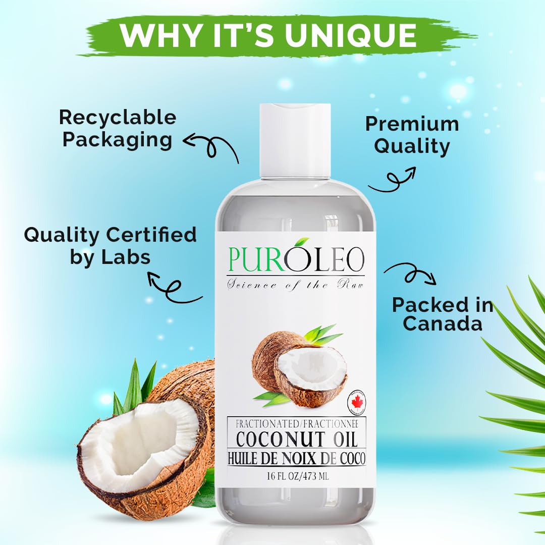 PUROLEO Fractionated Coconut Oil 16 Fl Oz/473 ML (Packed in Canada) 100% Natural and odorless Moisturizer & Carrier Oil l Hair Skin Body, Aromatherapy, Massage, Makeup Remover