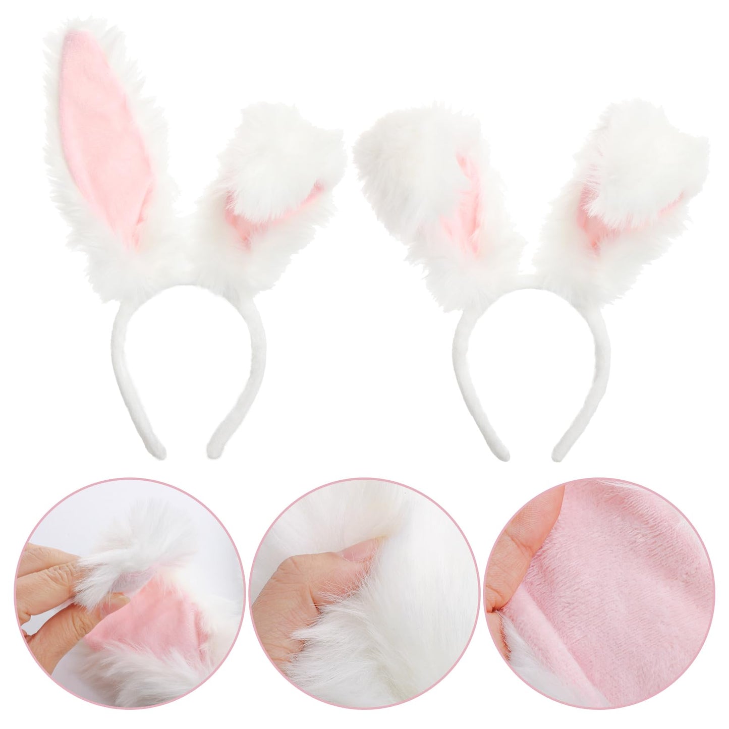 Gvhntk Bunny Ears Headbands Plush Fabric Bunny Nose Furry Rabbit Ear Headband Set Easter Party Prom Cosplay Supplies Halloween Costume Acessory for Women(White+Pink)