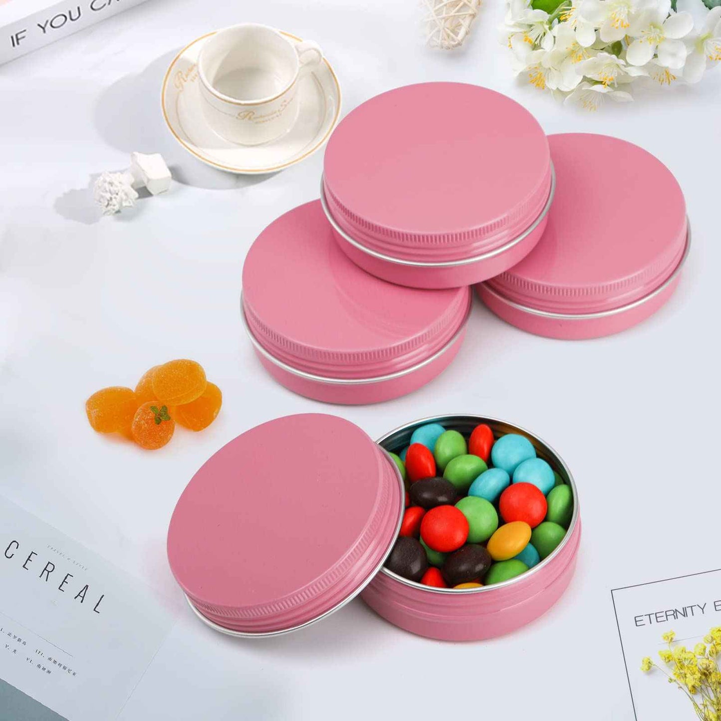 Foraineam 48 Pack 2 oz Screw Top Round Tin Cans with White Labels, Pink Aluminum Cosmetic Sample Containers, Metal Empty Tins Travel Storage Tin Jars for Lip Balm, Salve, Spice, Candy or Crafts