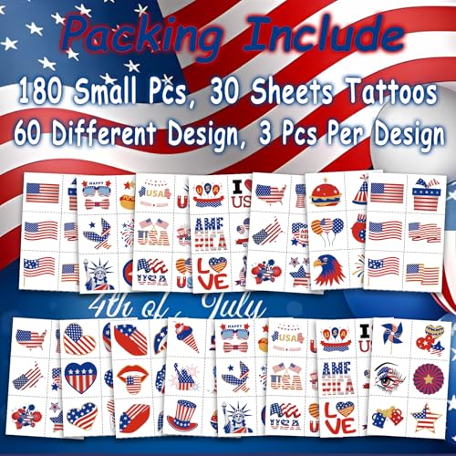 180Pcs Patriotic Temporary Tattoos - 4th of July Party Favors