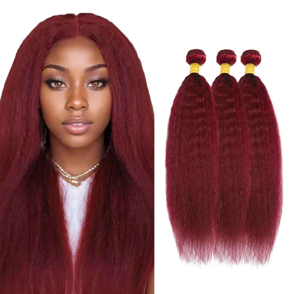99J Human Hair Bundles Red Kinky Straight Human Hair Bundle Burgundy Yaki Bundle 20 20 20 inch Wine Red Bundles 300g
