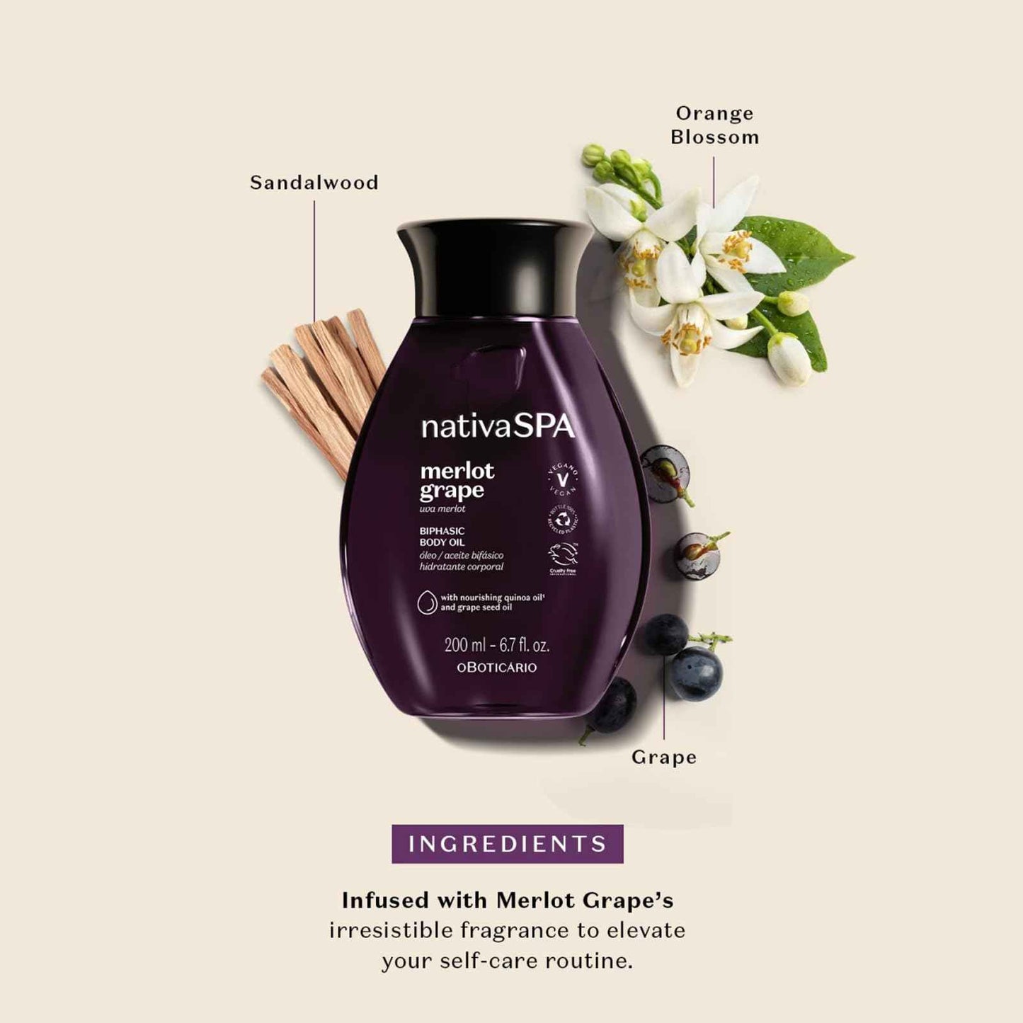 Nativa SPA by O Boticário Merlot Grape Biphase Body Oil, with Quinoa & Grapeseed Oils, Silky Glow with Hydration, 6.7 Ounce (200ml)