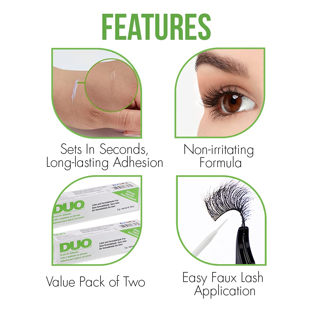 DUO Brush-On Strip Lash Adhesive with Vitamins A, C & E, Clear, Non-Irritating, Fast Drying Lash Glue, Easy to Use, Safe for Sensitive Eyes and Skin, 0.18 oz, 2-Packs