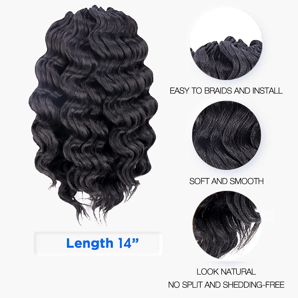 ToyoTree Ocean Wave Crochet Hair - 14 Inch 8 Packs Natural Black Mid-Length Curly Deep Wave Crochet Hair, Synthetic Ocean Wave Braiding Hair Extensions (14 Inch,1B-8P)