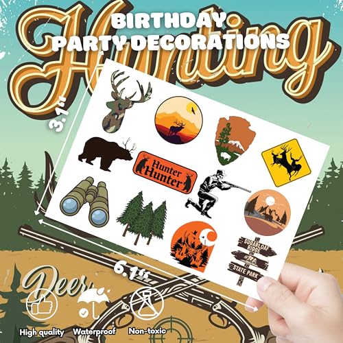 8 Sheets (96PCS) Hunting Tattoos Birthday Party Decorations Supplies Tattoos Stickers Cute Party Favors for Kids Boys Girls Gifts Classroom School Theme Prizes Rewards