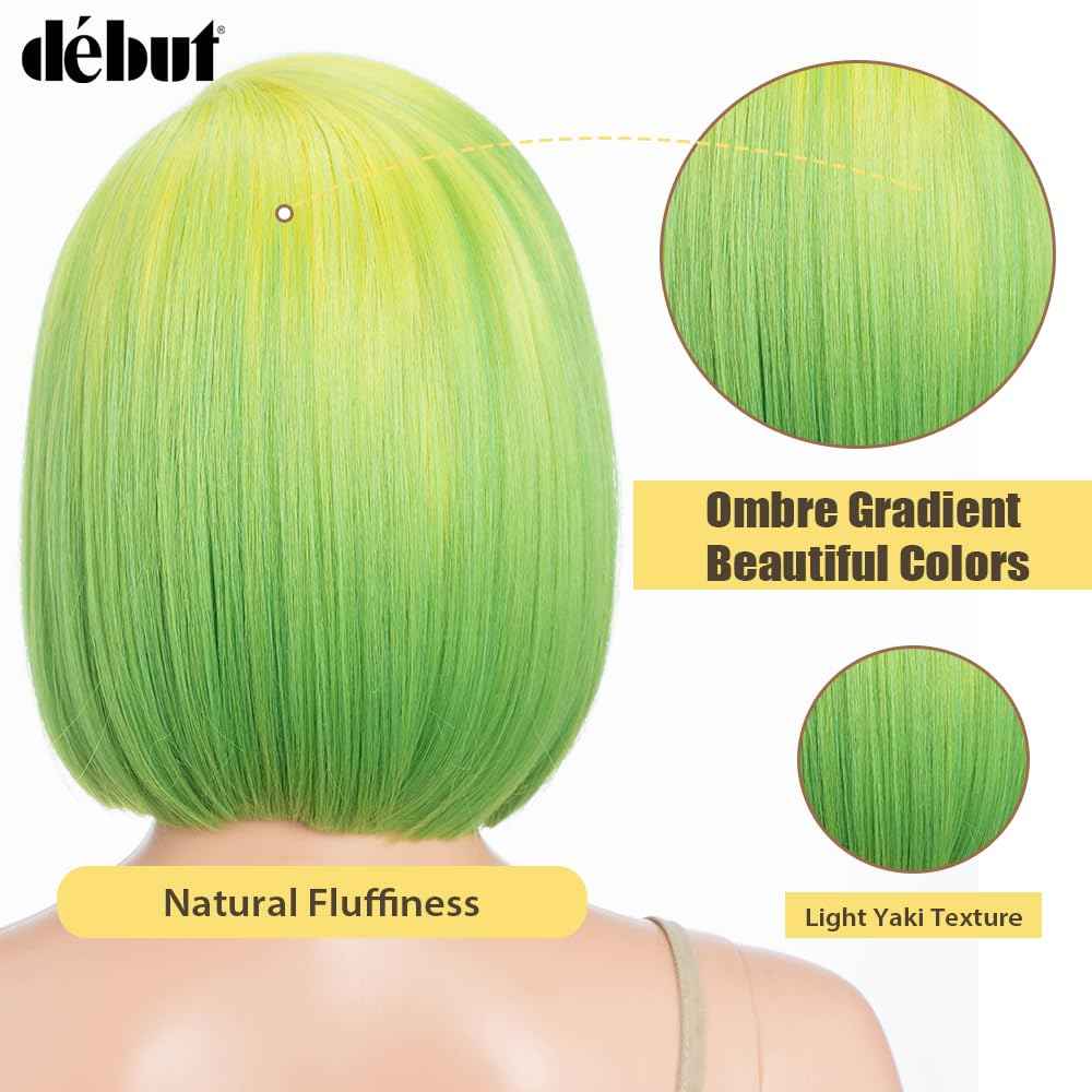 DÉBUT Lace Front Bob Wigs Ombre Neon Green Side Part Lace with Hand-Tied Lace Front Short Bob Synthetic Wig for Women Lemon Green Color