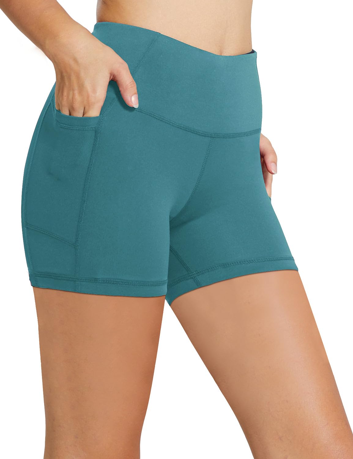 BALEAF Biker Shorts Women Yoga Gym Workout Spandex Running Volleyball Tummy Control Compression Shorts with Pockets 5" Green XS