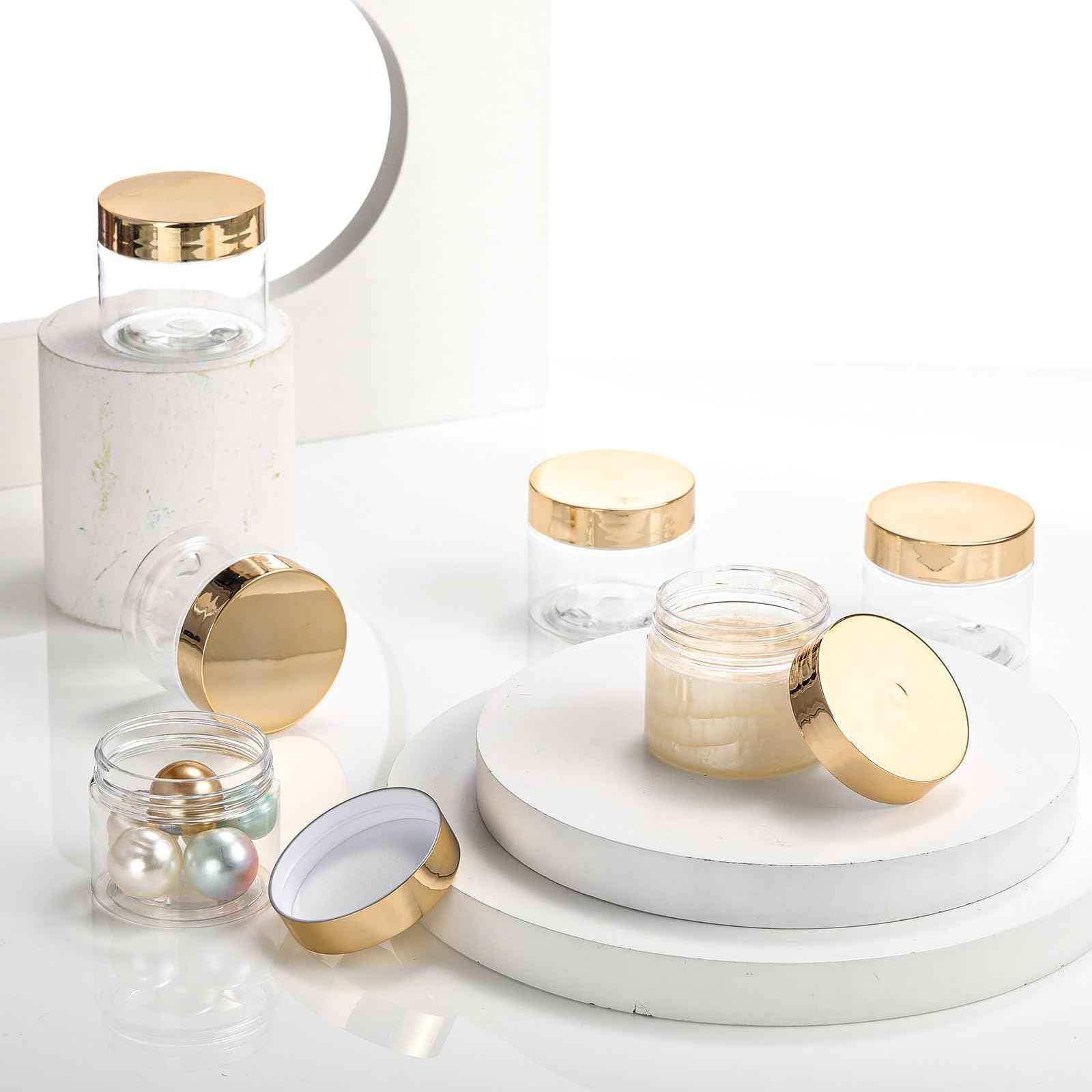 Patelai 60 Pcs Plastic Container Jars with Lids Round Clear Travel Cosmetic Container Jars for Toiletries, Lotion, Cream, Ointments, Makeup, Rhinestone, Samples, Kitchen Storage(Gold,2 oz)