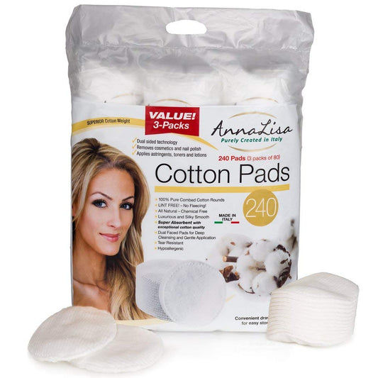 AnnaLisa 100% Pure Combed Cotton Rounds 3 Packs of 80 Hypoallergenic & Absorbing Cotton Pads for Face/Makeup/Nail Polish Removal |240-Piece Italian Round Facial Cleansing|