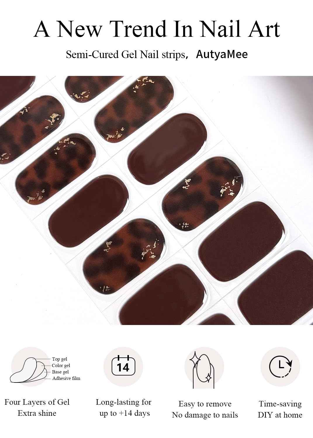 AutyaMee Semi Cured Gel Nail Strips (Dark Brown Amber), 20 Pcs Gel Nail Wraps, Stickers, Salon Quality, Long Lasting, Works with Any UV Lamps