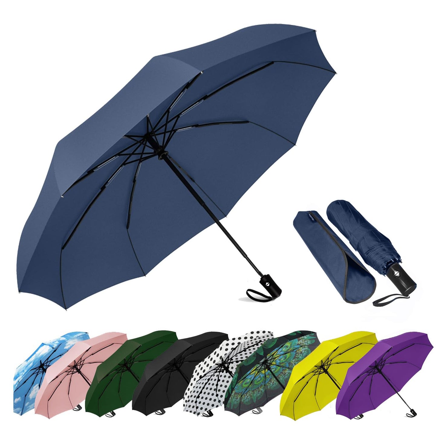 SIEPASA Two Pack The Original Portable Travel Umbrella - Umbrellas for Rain Windproof, Compact Umbrella for Wind and Rain, Perfect Car Umbrella, Backpack, and On-the-Go.(Navy Blue & Navy Blue, 2 Pack)