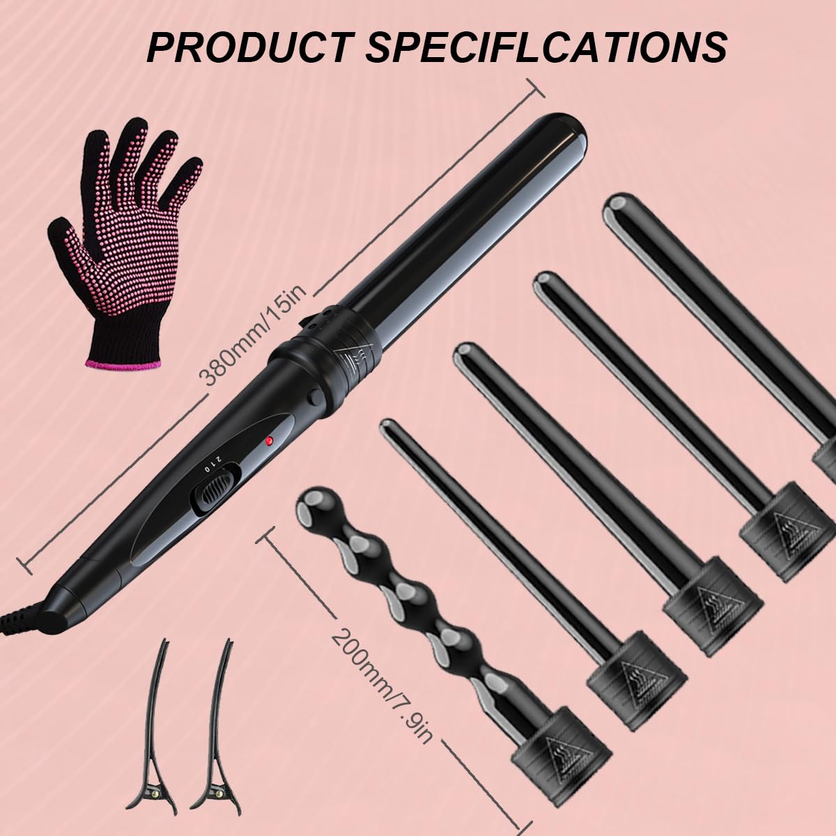 FMFJS 6 in 1 Wand Curling Iron Set, 6 Interchangeable Ceramic Barrel Curling Wands (0.35"-1"), Instant Heat Up(15S), Easy for Beginner with Heat Protective Glove, and 2 Clips