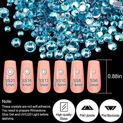 18 Styles Multi-shaped Glass Gemstones for Nails and 6 Sizes Round Crystal Rhinestones Kit #8, Lake Blue Nail Art Charm Bead Manicure Decoration with Pickup Pencil and Tweezer