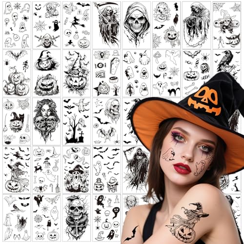 30 Sheets Halloween Inspired Temporary Tattoos Stickers with Grim Reaper Ghosts Pumpkins Skeletons Bats for Halloween Party Cosplay and Horror-themed Party Makeup