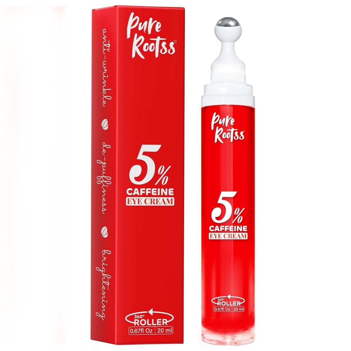 PureRootss 5% Caffeine Eye Cream Anti Aging with 360 Rollerball, Reduce Wrinkles and dark Circles, Under Eye Cream For Women and Men