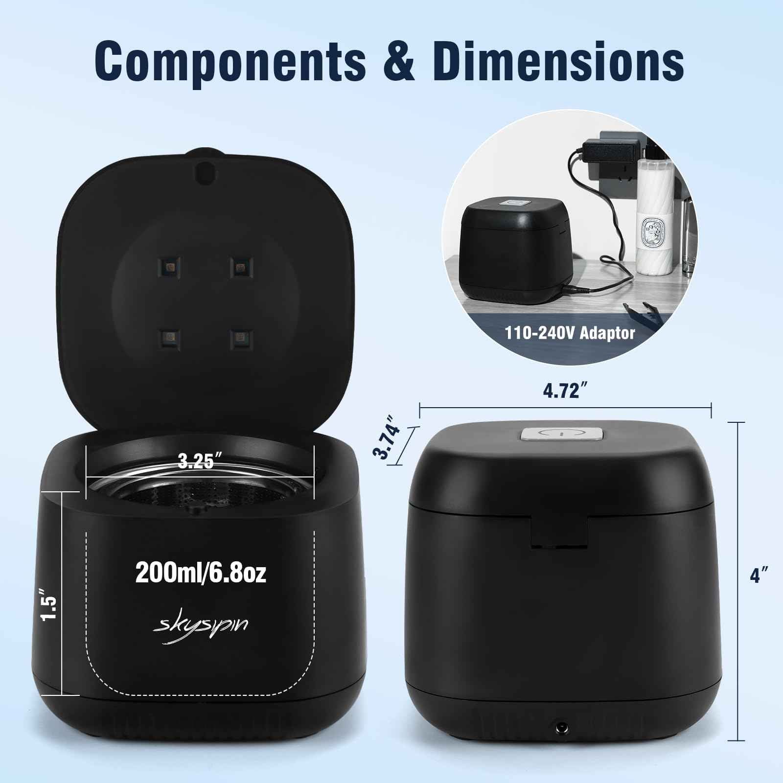Skysipin Ultrasonic Retainer Cleaner Machine U-V, 45KHz 2 Modes Quiet, Denture Aligner Cleaner Mouth Guard Dental Cleaning Ultrasonic for All Dental Appliances, Jewelry 6.8oz Black
