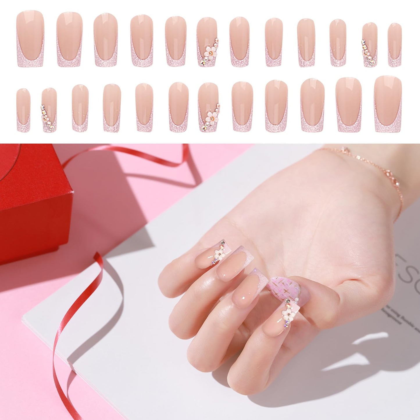 3D Flower Fake Nails Square Pink French Press on Nails 24Pcs Long Bling Glossy Rhinestone False Nail Tips Artificial Nails Finger Manicure Full Cover Fake Nails for Women and Girls Wedding