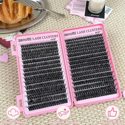 Zenotti Lash Clusters Kit 60D 80D Wispy 9-16mm 640PCS Dual-Volume False Lashes, Bond & Seal, Tweezers & Brush