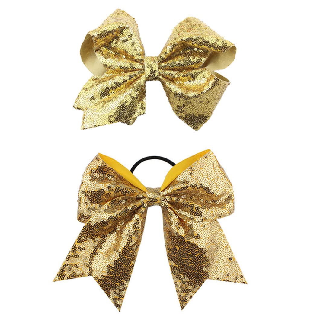 Christmas Cheer Bows Girls Glitter Sequin Bowknot Christmas Ponytail Holder Jumbo Bow BBG84 (B1-Gold Set)