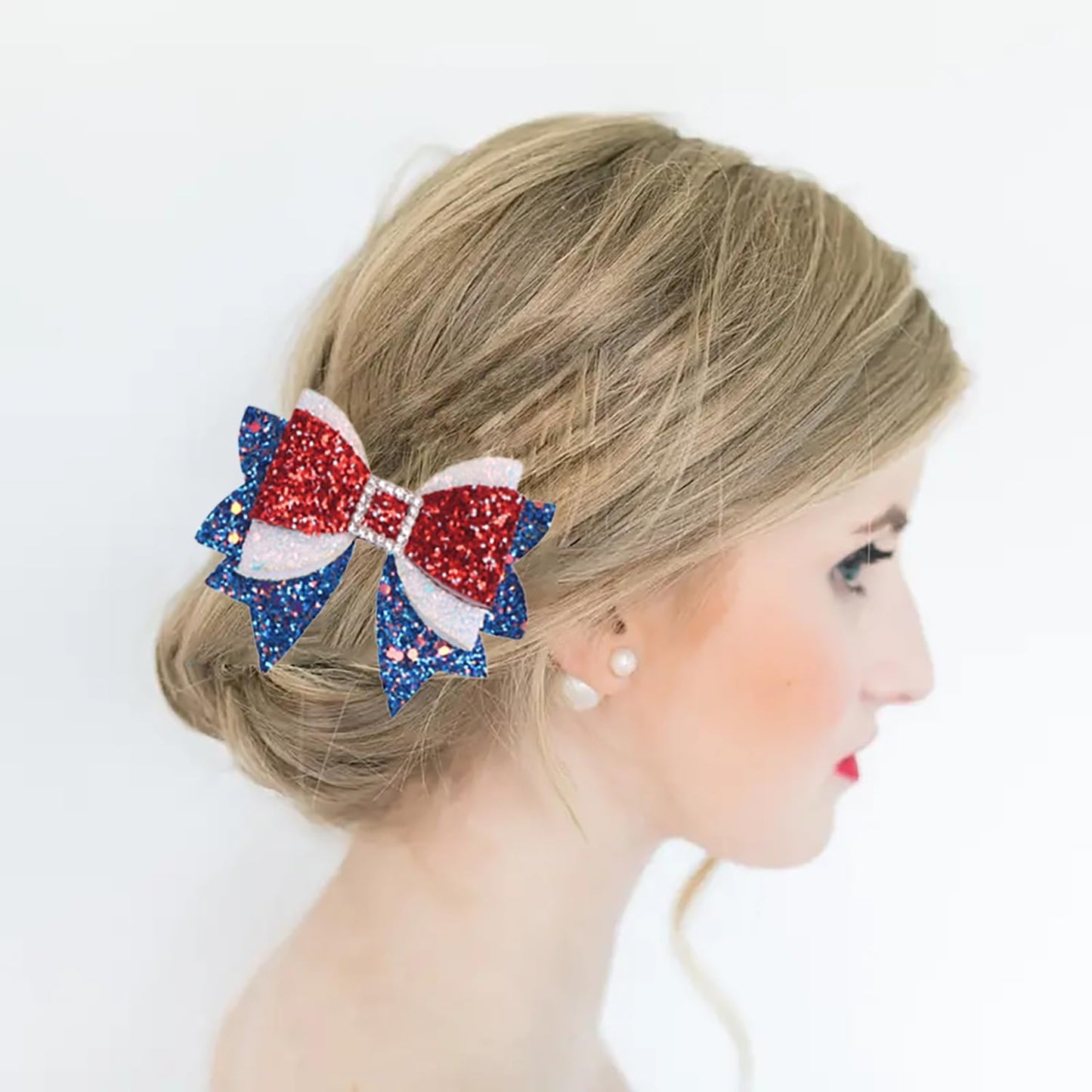 4th of July Hair Clips Glitter Bows Hair Claw Clips Red Blue White Bow Alligator Clips Independence Day Hair Clip with Sequins Rhinestone Design Patriotic Party Hair Accessories for Women and Girls