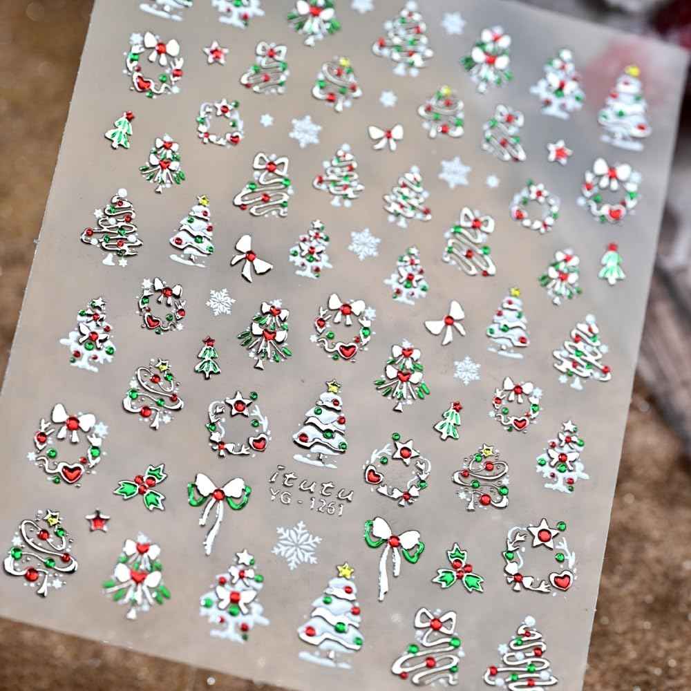 Christmas Nail Stickers 5D Embossed Metallic Silver Nail Decals 3D Self Adhesive Garland Christmas Tree Nail Art Suppies Winter Xmas Cute Bow Snowflake Nail Designs for Women DIY Acrylic Nails 1 Sheet