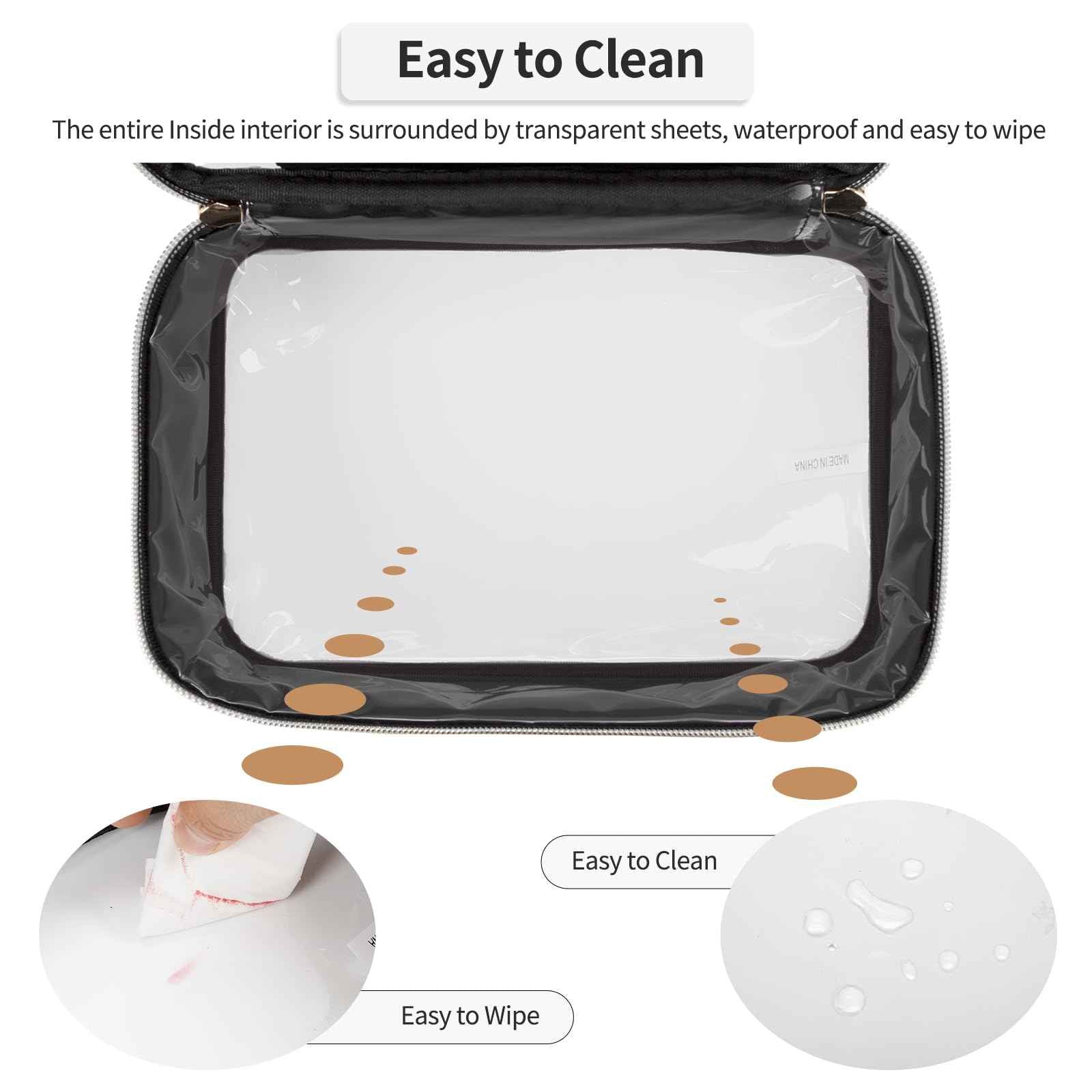 OCHEAL Clear Makeup Bag, Portable Cosmetic Organize,Travel Makeup Bag Cute Clear Pouch For Women and Girls Cosmetics Bags with Divider Makeup Brush Compartment-Black Nylon