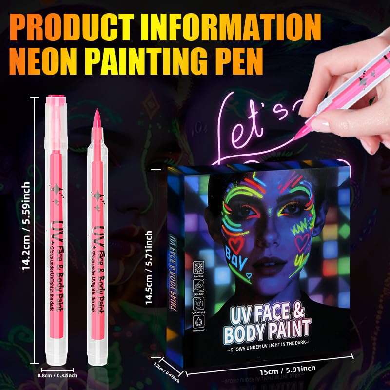 12 Glow Face Paint Pens - UV Neon Body Art Kit, Washable