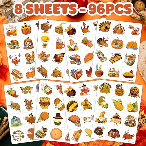 96 Thanksgiving Temporary Tattoos - Food & Pumpkin Design Sheet