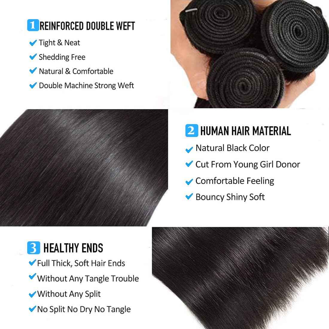 Straight Bundles Human Hair Brazilian Virgin Human Hair Bundles 14 14 14 Inch 100% Unprocessed Straight Hair Double Weft Deals Human Hair Extensions Natural Black