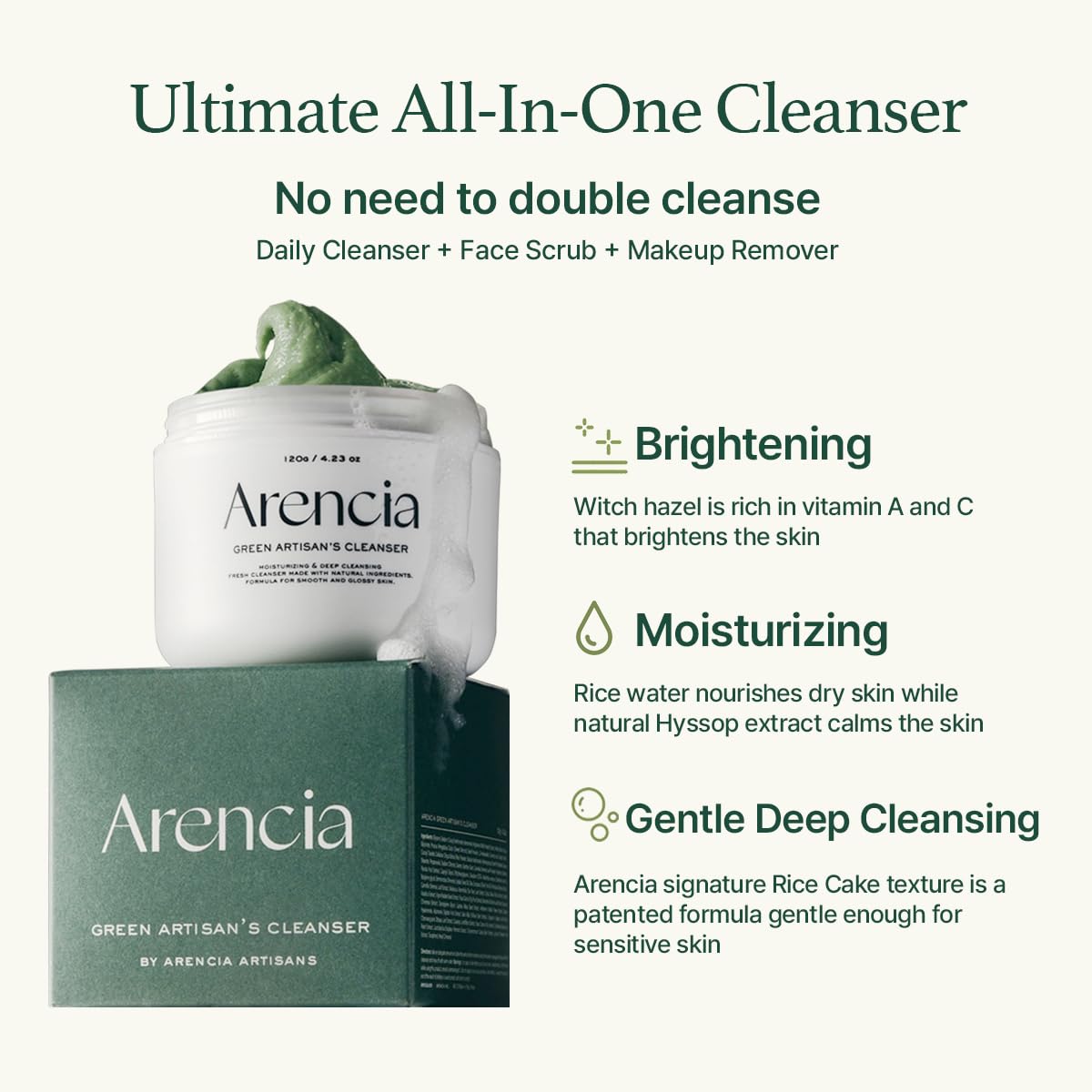 Arencia Korean Rice Mochi Face Cleanser & Daily Scrub - Moisturizing, Brightening & Deep-Cleansing - All Skin Types, Vegan, Organic - with Rice Powder, Rice Water & Green Tea (1.76oz)