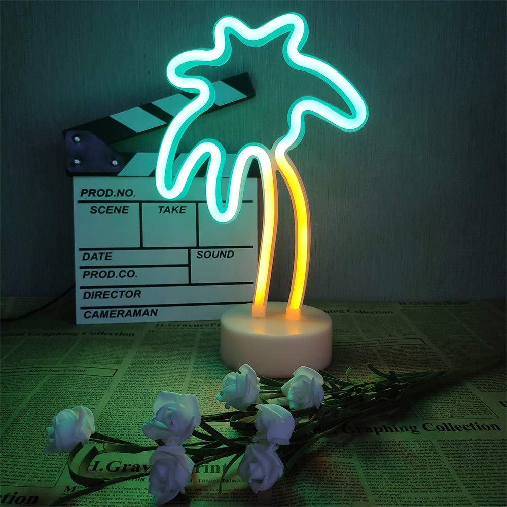 2 Packs Decoration Neon Signs Light Pink Flamingo and Green Palm Tree Neon Wall Decor Lights USB/Battery Powered Neon Lights for Bedroom Girls Kids Birthday Party Christmas (Flamingo&Palm Tree)