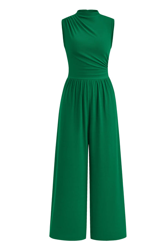 PRETTYGARDEN Womens Summer Jumpsuits Dressy Casual One Piece Outfits Sleeveless Mock Neck Wide Leg Pants Rompers with Pockets (Style2-Green,Small)