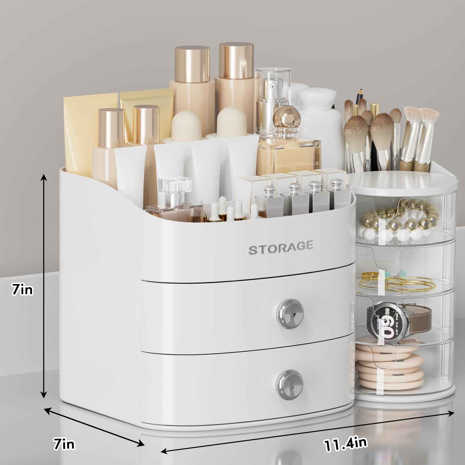 Makeup Organizer Countertop with Drawers, Make up Organizers for Vanity, Skincare Jewelry Earring Organizers, Cosmetic Display Cases Makeup Storage for Bedroom & Bathroom, Ideal Gifts for Women(White)