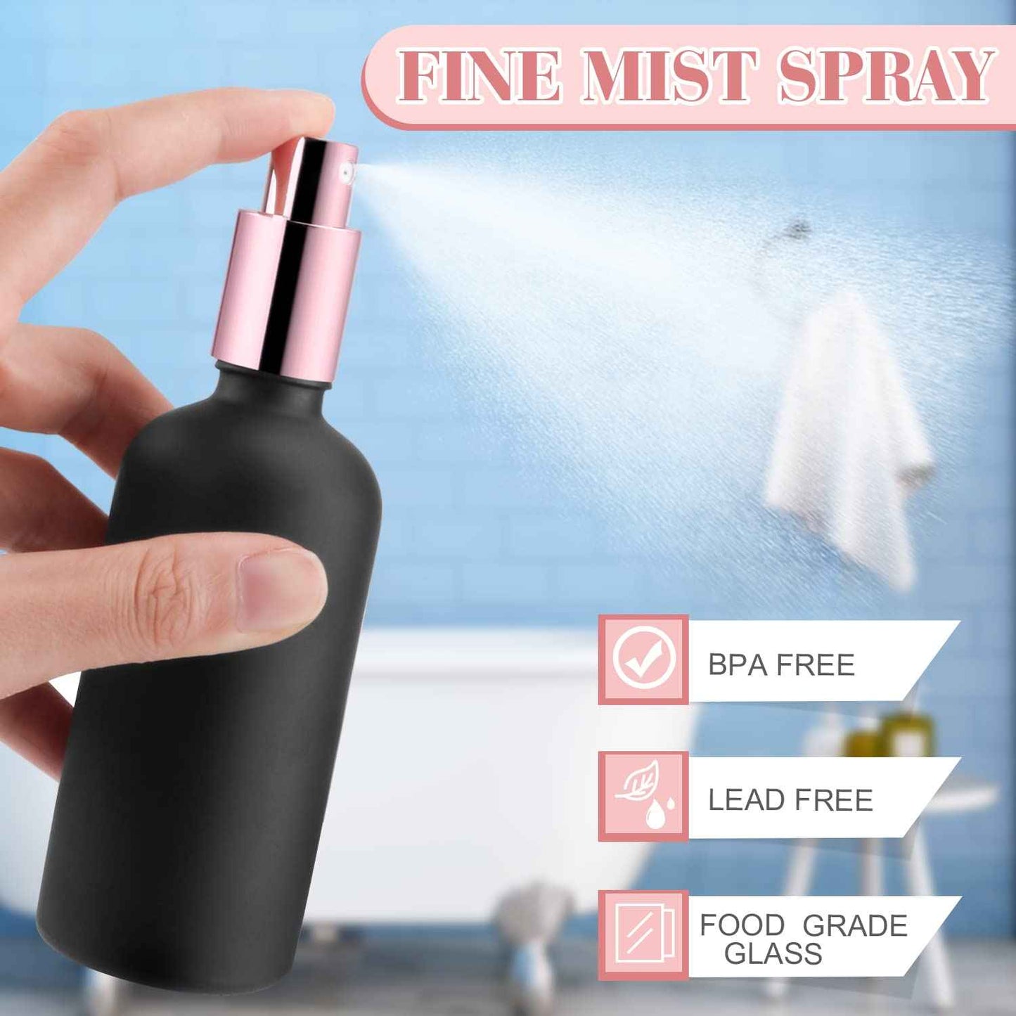 DMuuuDM 6 Pack 3.4 Oz Black Frosted Glass Spray Bottles,Empty Perfume Fine Mist Atomizer,Rose-Golden Pump Head Travel Liquid Holder Containers for Cologne,Essential Oils,Body Sprays-Funnel&Pipette