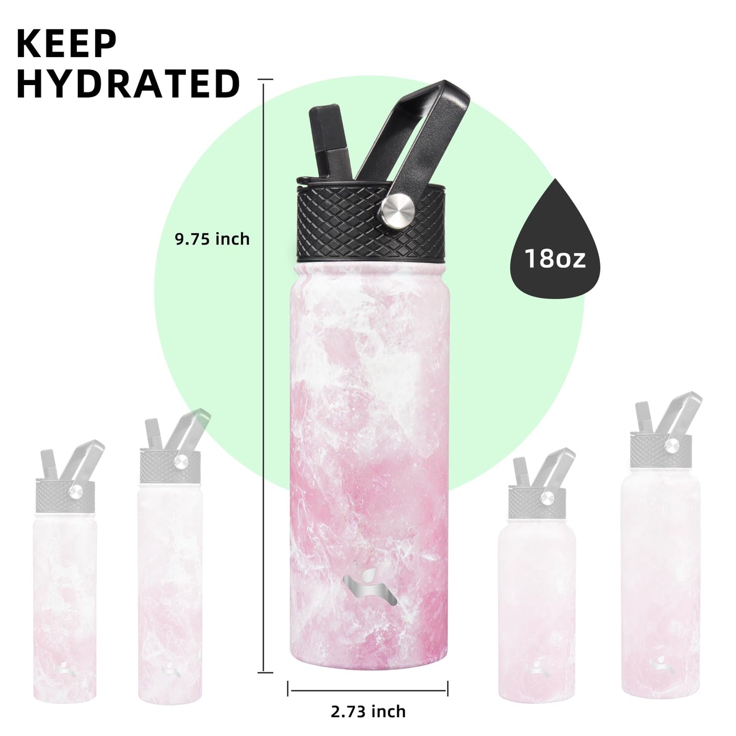 Konokyo Insulated Water Bottle with Straw,18 oz 3 Lids Metal Bottles Stainless Steel Water Flask,Marble Blossom