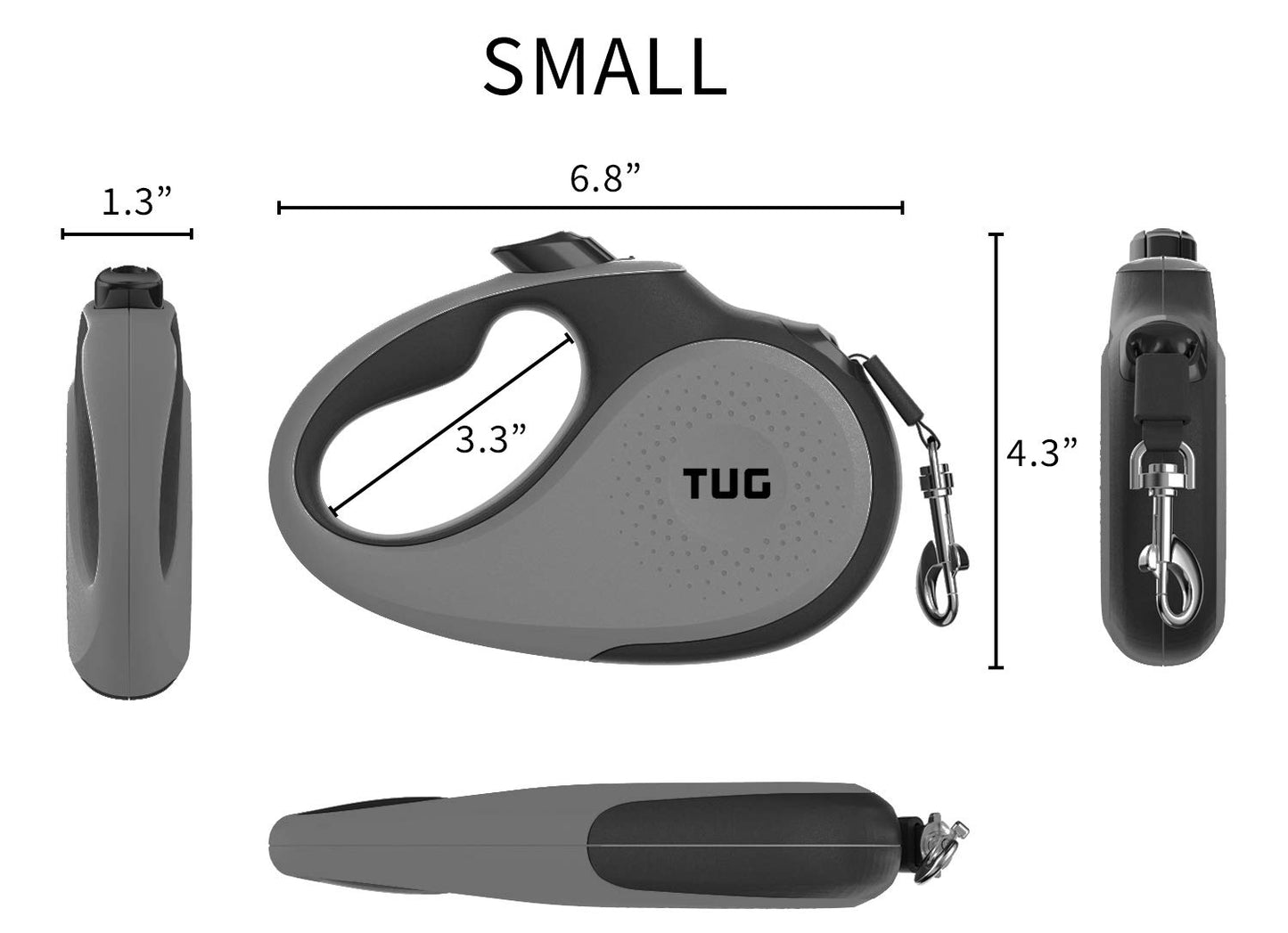 TUG 360° Tangle-Free Retractable Dog Leash with Anti-Slip Handle | 16 ft Strong Nylon Tape | One-Handed Brake, Pause, Lock (Small, Grey)