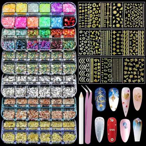 Artdone Nail Art Studs Kit, 6 boxes Multicolor And Design 3D Charms Pearls With 15 Sheets Gold Nail Stickers, Diamond Cute Nail Jewels For DIY Decoration with Pickup Tools