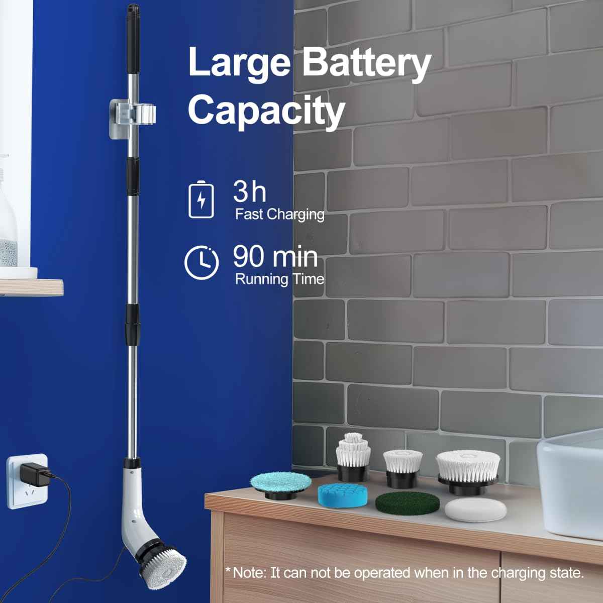 ALPONO Electric Spin Scrubber with Long Handle: Cordless Power Shower Scrubber - Spin Brush with 7 Brush Replacement Heads for Cleaning Bathroom,Tub, Tile, White, ALPONO-A11