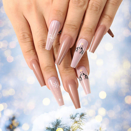 Uranian Coffin Extra Long Press on Nails Snowflake Red Christmas Fake Nails Elk Ballerina Glossy Full Cover False Nails Santa Claus Acrylic Nails Tips for Women and Girls 30 PCS (Pattern-F)