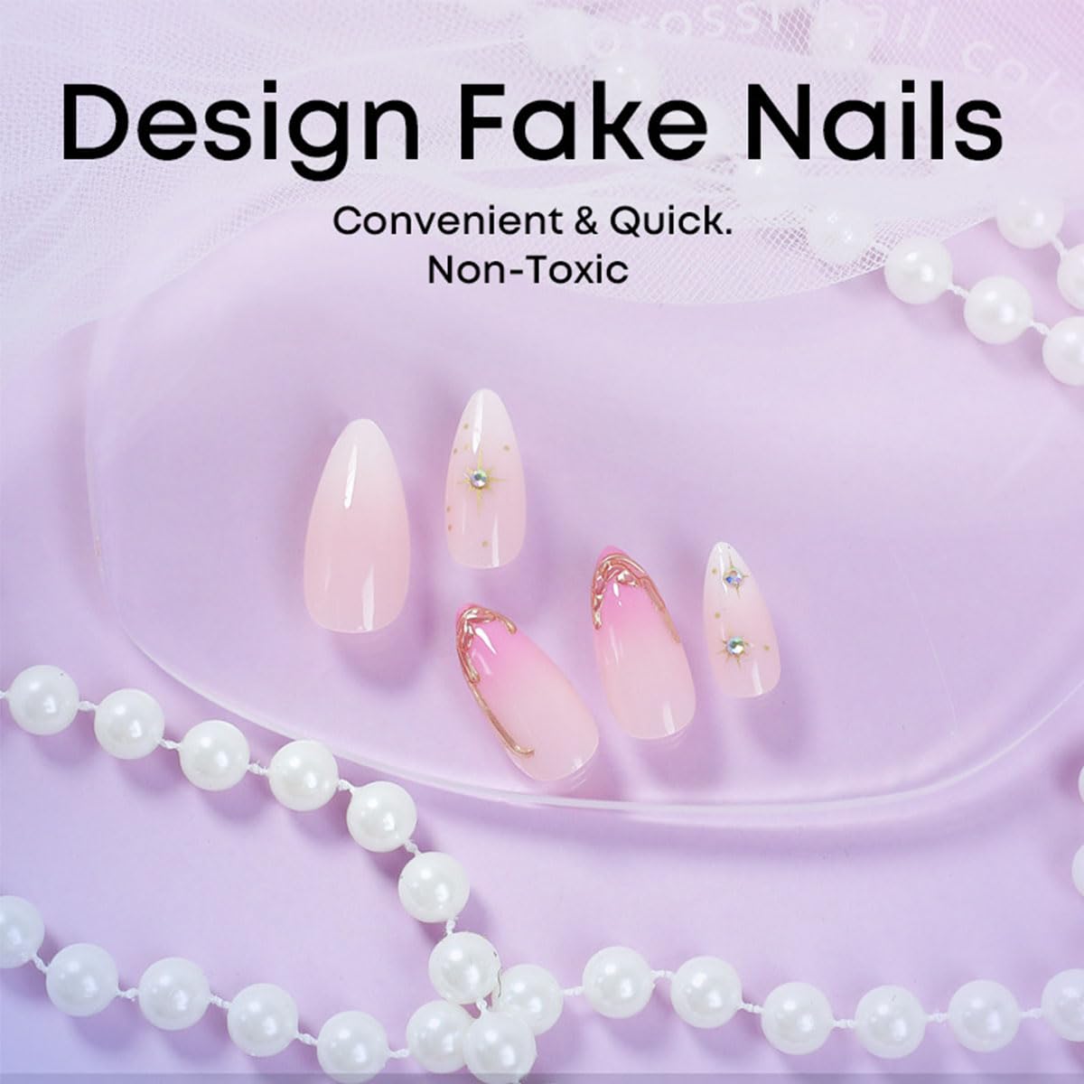 Almond French Tip Press on Nails Medium Fake Nails with Chrome Gold Star Rhinestone Designs Glossy Nude False Nails French Almond Shaped Glue on Nails Artificial Nails for Women and Girls 24Pcs