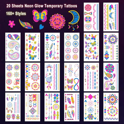 Glow in The Dark Temporary Tattoos - 20 Sheets, 160+ UV Neon Designs