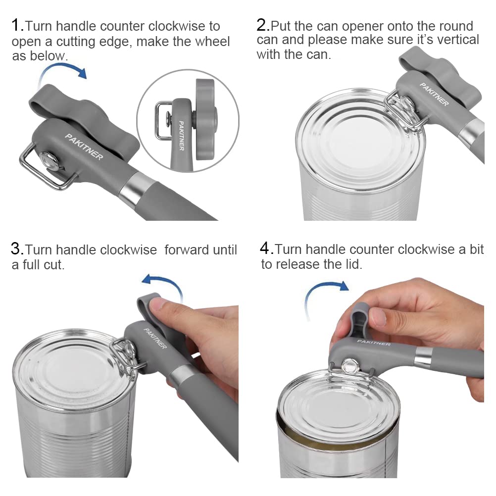 PAKITNER- Cut safe can opener, Manual can opener smooth edge - handheld Side cut can opener with Sharp Blade, Comfortable Grip Handle Food Grade Stainless Steel Cutting Can Opener, Gray