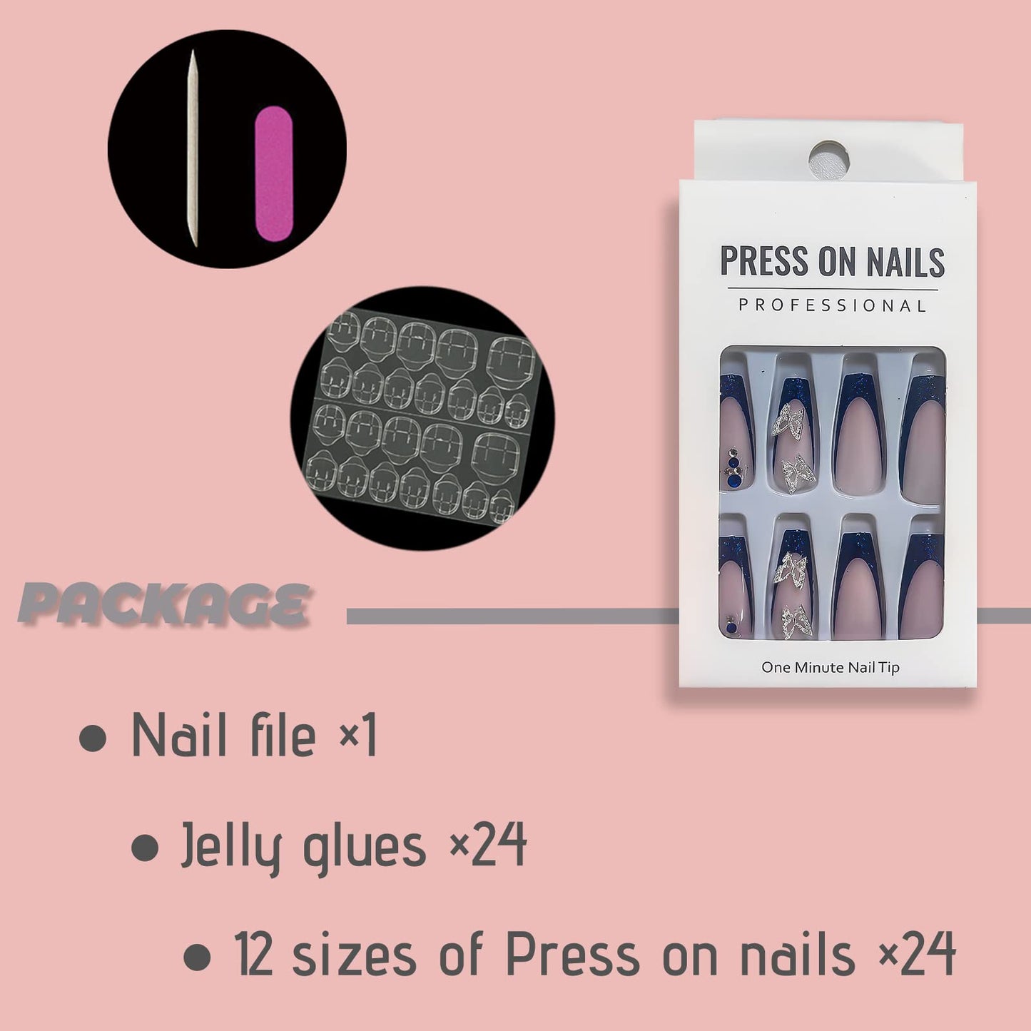 FOAMEE Press on Nails Long Coffin Bling Fake Nails with 3D Buttefly Designs Acrylic Glossy French Tip Nails False Nails for Women