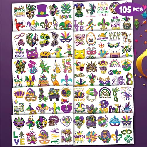 105 PCS Mardi Gras Temporary Tattoos - Party Favor Stickers